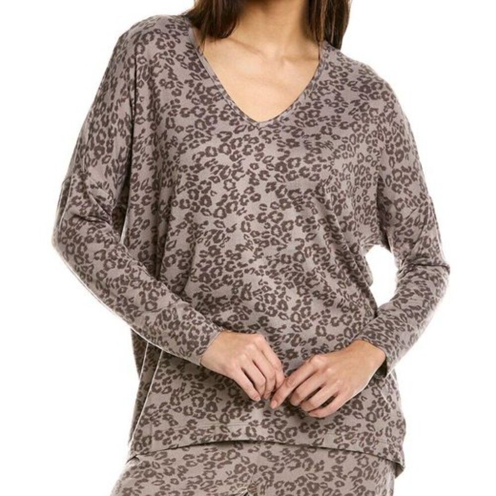 NATORI Grey Animal Leopard Print V-Neck Mirage Cocoon Sleep Top Size Medium